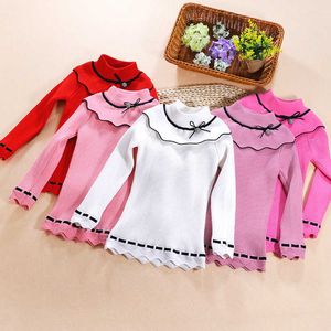 Mode Kids Stickad Pullover Tröja Flicka Höst Vinter Knitwear Striped Bow Princess Tjejer Tröjor Barn Toppar Base Shirt 210713