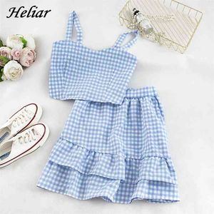 Heliar Women Two Pieces Sets Elastic Spaghetti Crop Tops And Flounce Hem Skirts Cute Outfits Plaid Sets For Women Summer 210730