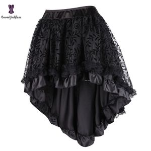 Mulheres negras Victorian Assimétrico Ruffled Satin Lace Trim Gótico Saias Vintage Espartilho Steampunk Saia Cosplay Costumes 937 # 210629