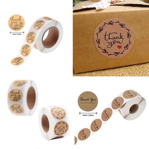 Wholesale thanks stickers resale online - Gift Wrap Roll Round Labels Handmade Kraft Paper Packaging Sticker For Candy Bag Flower Box Packing Wedding Thanks