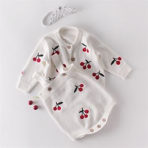 Spring Autumn Baby Girl Outfits Clothes Set born Cherry Knit Coat + Rompers Suit Infant Girls Clothing 210521