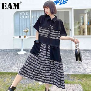 [EAM]女性黒大サイズの文字プリントポケットドレスラペル半袖ルーズフィットファッションスプリングサマー1DD8272 210512