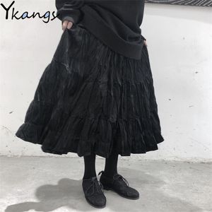 Kobiety Vintage Vintage Długa Plisowana Spódnica Koreański Styl Ladies Elastyczne Midi Wysoka talia Czarna Wiosna Harajuku Gotyckie ubrania 210421