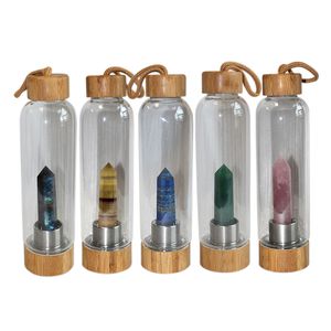 Bottiglie d'acqua in vetro di cristallo naturale da 550 ml Bottiglie d'acqua con copertura in bambù energetico Bollitore Tazze d'acqua portatili da campeggio all'aperto