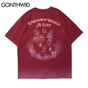 Gonthwid Tees Topy Hip Hop Streetwear Cartoon Zwierzęta Graffiti Uśmiech Drukuj Krótki Rękaw Koszulki Bawełniane Casual Harajuku Tshirts 210629