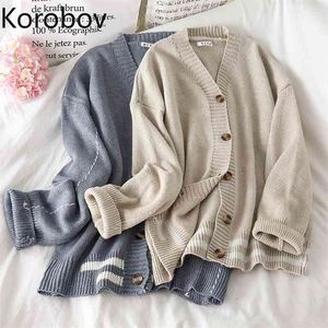 Korobov New Chic Preppy Style Long Sleeve Women Cardigans Korean V Neck Single Breasted Sueter Mujer Vintage Sweaters 210430