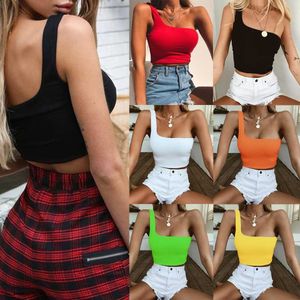 Mulheres Sexy Cool Único Um ombro Tanque Tops Colete Bare Midriff Sem Mangas T-shirt Casual Verão Praia Crop Top Shirt Y0622