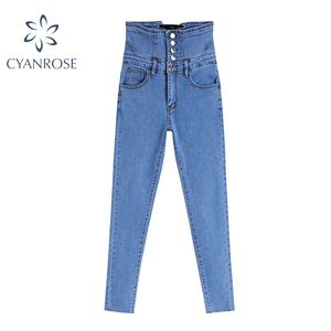 Cintura alta ButtondrawString Lace Up Denim Lápis Calças Sexy E-Girl Moda Moda Bodycon Jeans Calças Retro Azul Longa Calças 210417