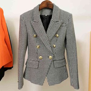 HIGH STREET est Designer Jacket Women's Lion Buttons Double Breasted Tweed Houndstooth Blazer 210521