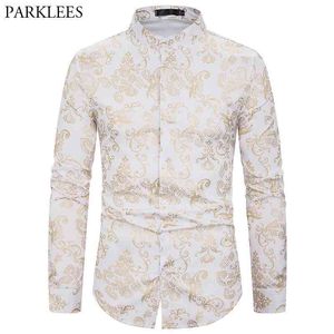 Mens Golden Floral Luxury Design Slim Fit Long Sleeve Button Down Flowered Printed Stylish White Dress Shirts Party Weeing Shirt 210522
