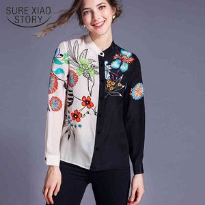 Casual Stand Collar Cardigan Ladies Tops Long Sleeve Women Blouses Panelled Floral Print Shirts Clothing Blusas Mujer 8187 50 210417
