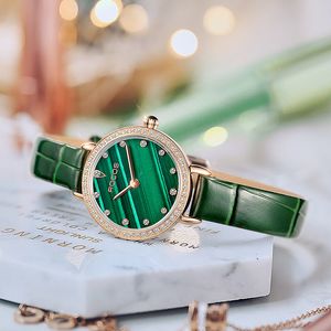Rocos mulheres moda relógio de quartzo luxo seletor verde relógios à prova d 'água para senhoras esmeralda elegante relógio de pulso couro r0235