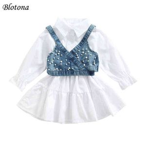 Blotona moda crianças verão 2pcs roupa, cor sólida lanterna lanterna camisa vestido + denim beading colete para meninas, 1-6 anos G220217