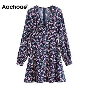 Kobiety Sukienki Chic V Neck Floral Print Mini Samica Elegancka Wsteczka Zipper Linia Długą Rękawę Sukienka Vestidos 210413