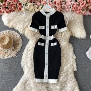 2021 Summer fashion design women's o-neck short sleeve dress color block high waist knitted bodycon pencil vestidos