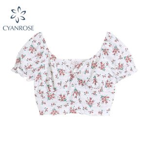 Floral Print Crop Tops Shirts Frauen Kurzarm Mori Mädchen Strand Quadrat Kragen Y2K Süße Blusen Weibliche Rok E-mädchen Ins Blusas 210417