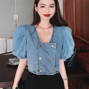 Koreanische Frauen Kurzarm Vintage Square Doppelreimige Button Denim Bluse Damen Mode Crop Top Hemd Sexy Slim Blusas 210514
