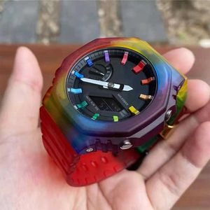 Sport Men's Quartz Watch 2100 Watch Rainbow Color Full Fonted World Time LED Auto Hand Handing Light Oak Series