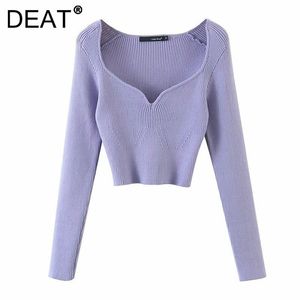 DEAT Autumn Winter Short Square Collar Thin Knitted Pullovers Sweater Loose V-Neck Long Sleeve Women Fashion 13U090 210914
