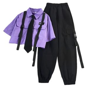 Jesień Streetwear Spodnie o wysokiej talii proste wstążki spodnie Cargo Student Luźną Koszulka z krótkim rękawem z krawatem Dwupiętrowy zestaw 210721