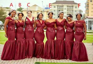 Bourgogne Mermaid Long Bridesmaid Dresses African Arabic Plus Size Sheer Straps Halsbindning Applikationer Beaded Maid of Honor -klänningar