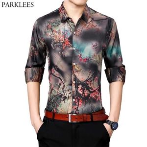 Мужские ветви красочные печати мужские платья рубашки повседневные гладкие мужчины смокинг флористическая рубашка Slim Fit с длинным рукавом мужская социальная рубашка 210522