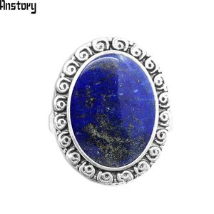 Klaster pierścienie Oval Lapis Lazuli Vintage Kamień Naturalny Antyczne Posrebrzane Party Dla Kobiet Prezent Ślubny