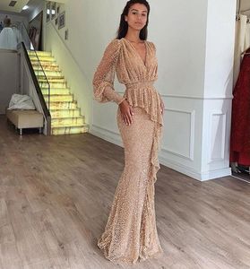 Prom Dresses Długie rękawy 2022 Sexy Sheer Cekiny Zroszony Aplikacje Koronki Mermaid Party Suknie Elegancki Czerwony Cekinowy wieczór DressjavasSascript: