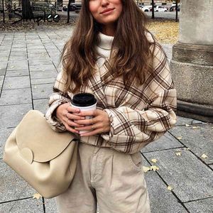 Kvinnor Mode Plaid Artificial Woolen Höst Vinter Kvinna Hög Street Bälte Kort Jackor och Jästrar Ladies 210414