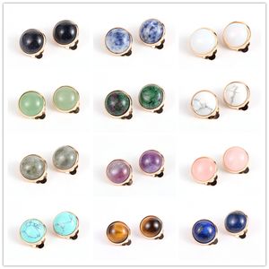 Women 12mm Rose Quartz Stone Cabochons Gold Ear Cuff Crystal Earring Clips Tiger Eye Turquoises Amethysts Copper Earclip Decoration Jewelry