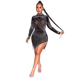 Women Sexy Nightclub Party Mini Dresses Long Sleeve See Through Mesh Hot Driling Rhinestone Evening Bodycon Dress