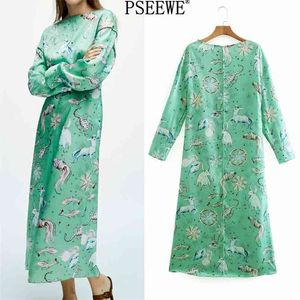 Spring Dress Green Animal Print Satin Long Women Elegant Sleeve es Ladies Loose Vintage 210519