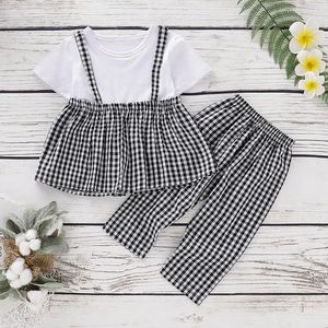 衣服セット幼児子供赤ちゃん女の子服セット夏半袖チェック柄トップと長いズボンかわいい素敵な素敵な甘い綿の衣装