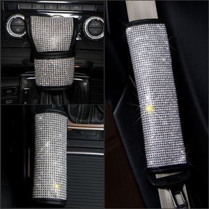 Car Seat Strap Pads Girl Shoulders Belt Covers with Bling Rhinestones Crystal 4PCS Universal Safety Seatbelt Handbrake Protector Sets Auto Interior Accessories