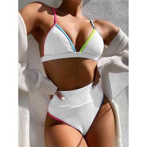 Yüksek Bel Bikini Kadın V Yaka Mayo Push Up Mayo Kadın Patchwork Mayo Yaz Plaj Kıyafeti Yüzme Takım Elbise 210625