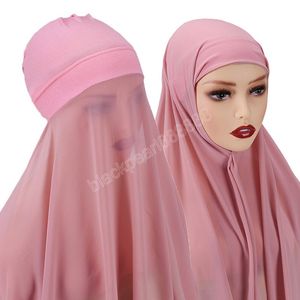 Berretto turbante da donna Cofano + Scialle in chiffon Sciarpa con testa Sottoveste Cappellini Sciarpa interna Fascia elasticizzata Copri Hijab