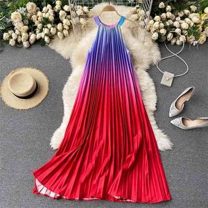 Regnbåge gradient färg boho kvinnor maxi klänning halter halsen ärmlös sundress elegant kvinnlig lös fest pläterad 210603