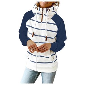 Frauen Hoodies Sweatshirts Zip Up Mit Kapuze Sweatershirt Für Frau Winddicht Zipper Gestreiften Pullover Patchwork Harajuku Weibliche Jumper 2021