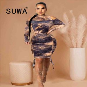 Hollow Out Off Shoulder Long Sleeve Sexy Dresses For Women Clothing Tie Dye Stacked Lace-Up Bodycon Party And Wedding Gowns 210525