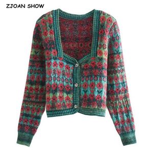 Jesień Kawaii Żakardowy Kwiat Brzydkie Sweter Vintage Pojedynczy Przycisk Breasted Dzianiny Kartigan Retro Kobieta Z Długim Rękawem Jumper 210429