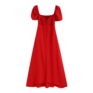 Stylish Chic Single-breasted Midi Dress Women Puff Sleeves Back Elastic Female es Red Party Vestidos Mujer 210430