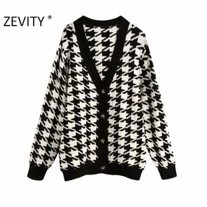 women fashion v neck houndstooth cardigan knitting sweater ladies long sleeve breasted retro sweaters chic tops S409 210420