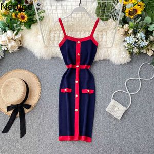 Neploe Sexy stickad stretch kvinnor knapp klänning ärmlös retro strap bodycon damer mini klänningar 2021 vintage vestidos 80817 y0726