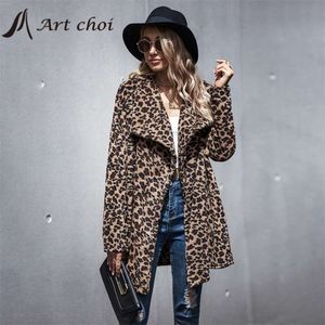 Tjock Vinter Kvinnor Casual Elegant Faux Fur Leopard Jacka Varm Cardigan Kvinna Plush Coats Sweatshirt Ytterkläder överrock 210928