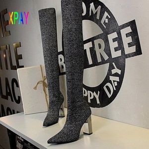 Winterstrümpfe dehnen neue sexy Stiefel Socken Frauen Mode High Heels Overknee Party Oberschenkel XL 35-42 376 78