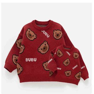 Family Red Christmas Sweater for Mother Daughter Son Matching Clothes Outfits Halloween Dad Mom Baby Kids Padded Bear Sweaters H1115