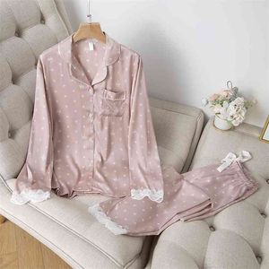 Home Clothes Women's Summer Two Piece Suit Pajamas Ice Silk Satin Thin Outwear Print Lace Pyjamas Sleep Wear Lounge Set 210831