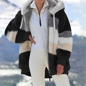 冬の女性のジャケットの暖かい厚い豪華な緩いパーカーコート混合カラーパッチワークの外出の毛皮の毛皮のジップアップレディースパーカー211011