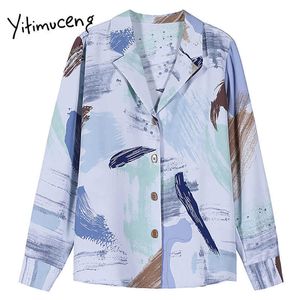 yitimuceng印刷ボタンブラウスの女性のシャツの緩い春のファッション韓国の長袖の切り込みシングルブレストカジュアルトップ210601
