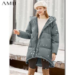 エレガントなダウンジャケット女性冬のソリッドミッドロングルーズフード付き女性厚いコート11970479 210527